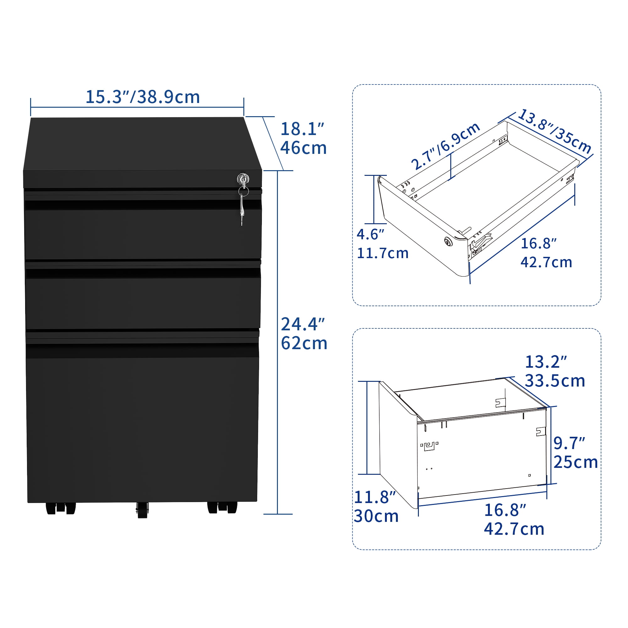 Uforic Fully Assembled 3-Drawer Lockable File Cabinet for Letter/Legal/A4 Size, Mobile Filing Cabinet with Wheels, Black