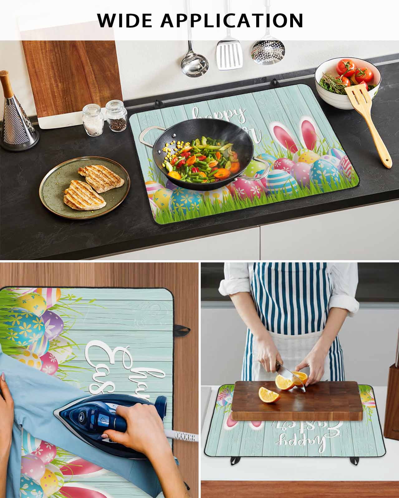 Large Induction Cooktop Protector Mat Easter Stove Top Covers for Electric Stove, Spring Colorful Easter Eggs Bunny Wooden Teal Green Decorative Stove Burner Cover Mats, Glass Top Stove Cover