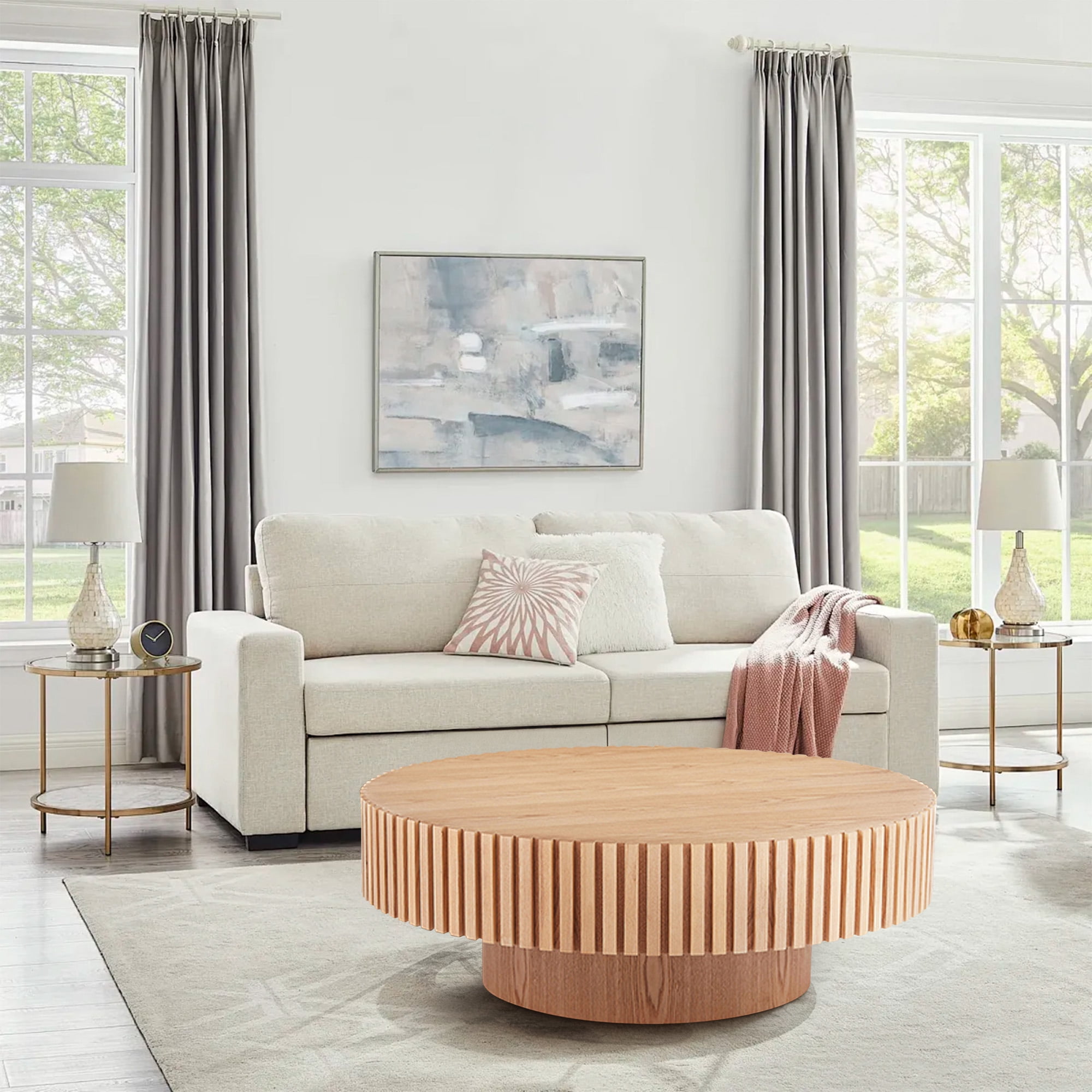 FFH 31.5" Round Coffee Table for Living Room,Rustic Modern Coffee Table with Sturdy Pedestal,Nature Wood Handcraft Corner Coffee Table,Circle Side Table Centre Table for Apartment,Nature