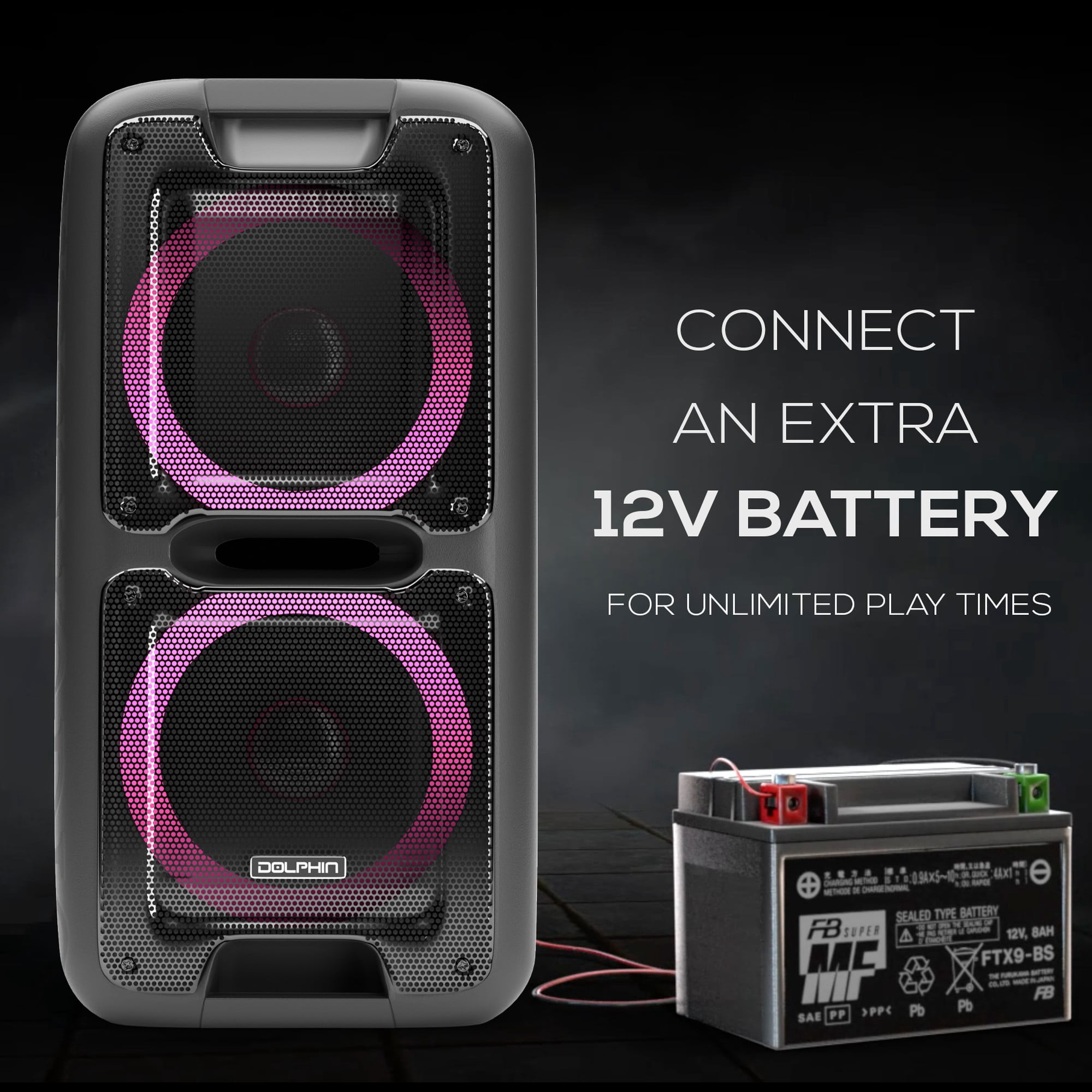 Dolphin SP-2100RBT Portable Bluetooth Speaker – Party Speaker with Sound-Activated, TWS, Powerful X-Bass, Dual 10" Woofers, Long-Lasting Battery