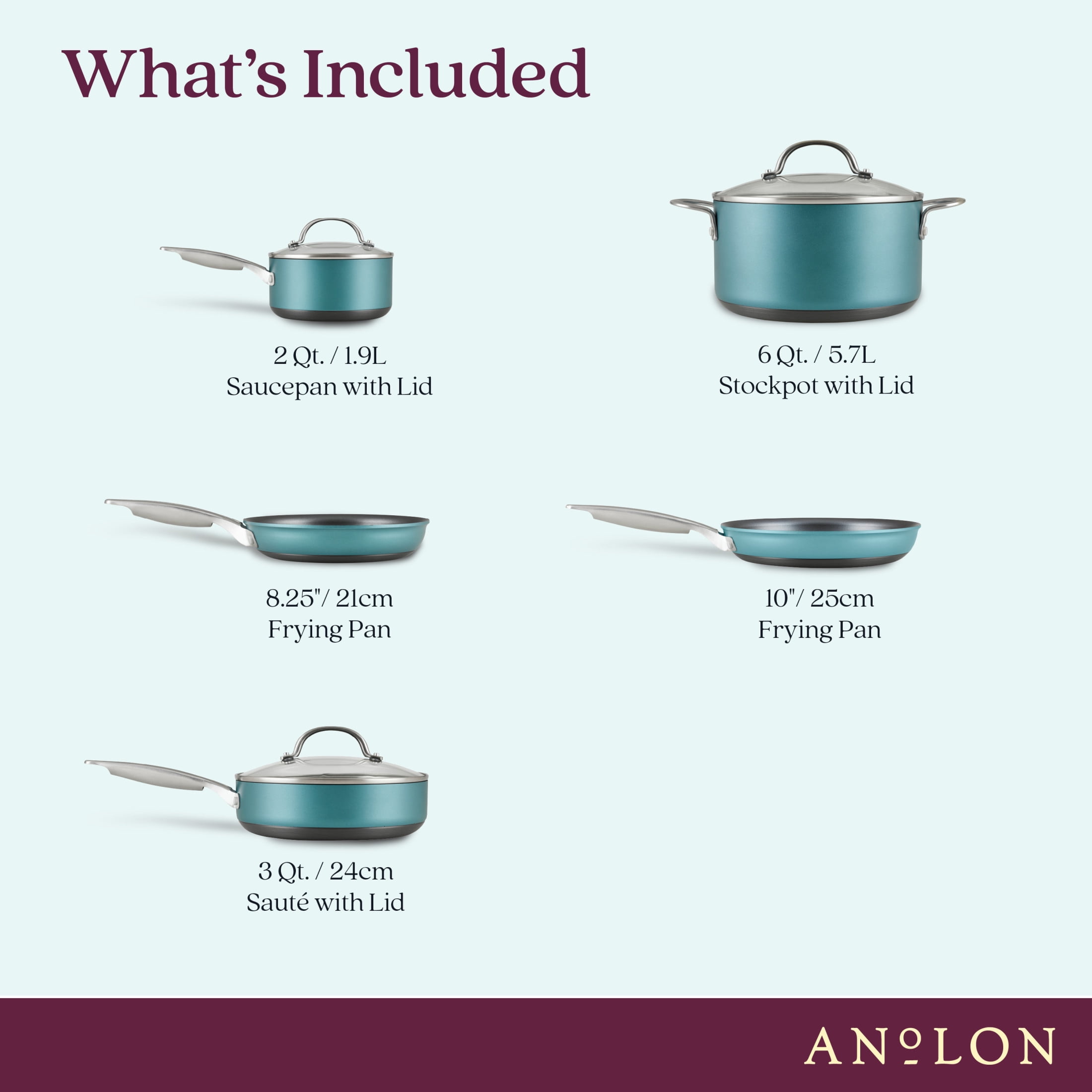Anolon Achieve 8 Piece Hard Anodized Nonstick Pots and Pans Set, Teal