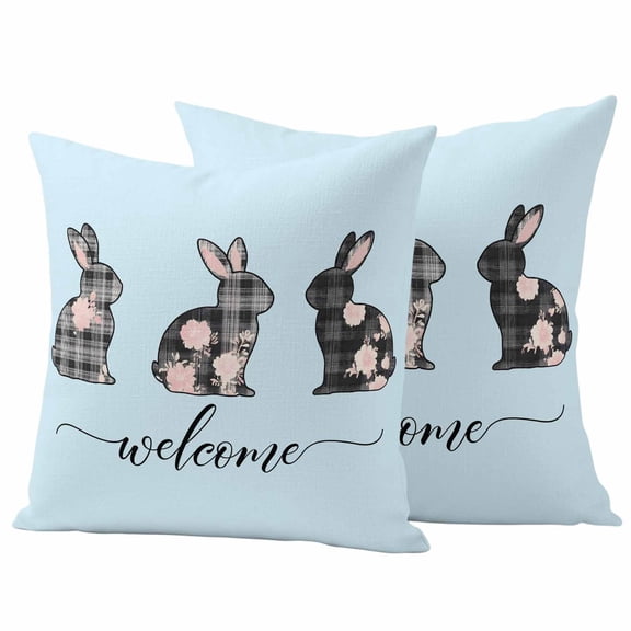 Blue Easter Outdoor Waterproof Pillow Covers, Spring Rabbit Plaid Flowers Animal Floral Decorative Square Throw Pillowcase Sofa Cushion Sham for Patio/Couch/Chair, 18"x18" 2 Pack