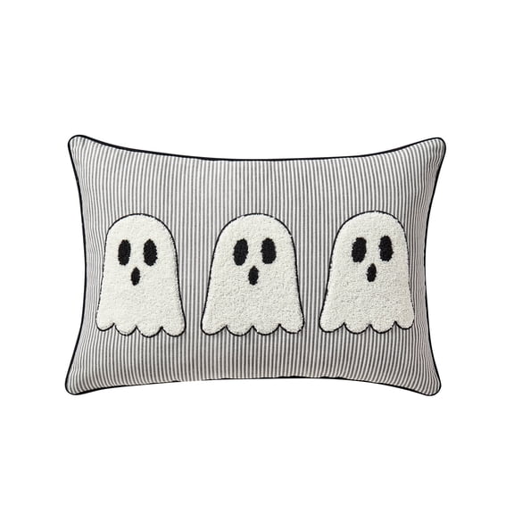 My Texas House Halloween Ivory/Black Tufted Ghosts Oblong Decorative Pillow, 14" x 20"