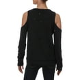 thumbnail image 2 of Almost Famous Juniors Ripped Cold Shoulder Sweatshirt Black XS, 2 of 2