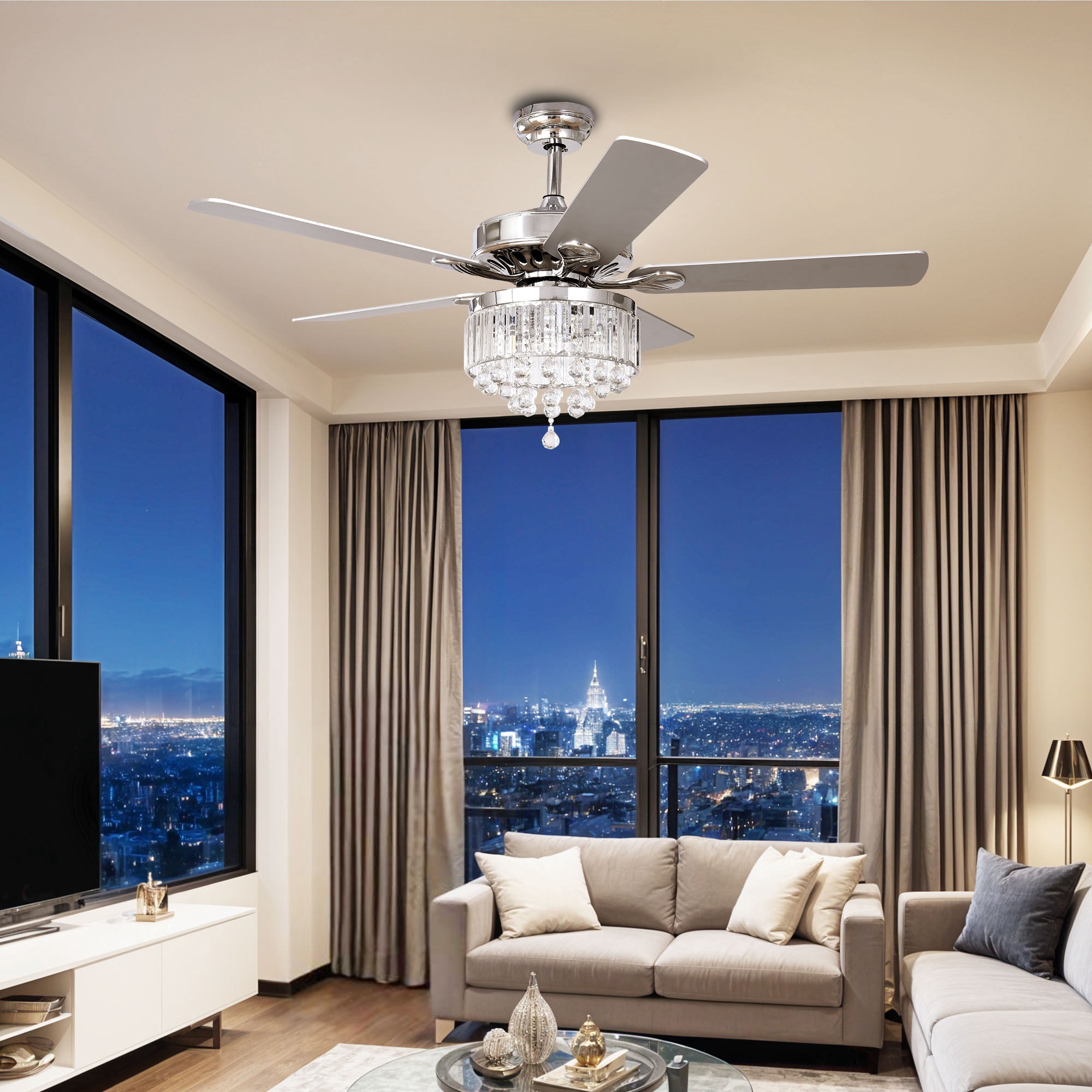 ModFusion 52in Elegant Ceiling Fan with Crystal Chandelier, Quiet Motor, 6-Speed, Chrome Finish, Wall Control