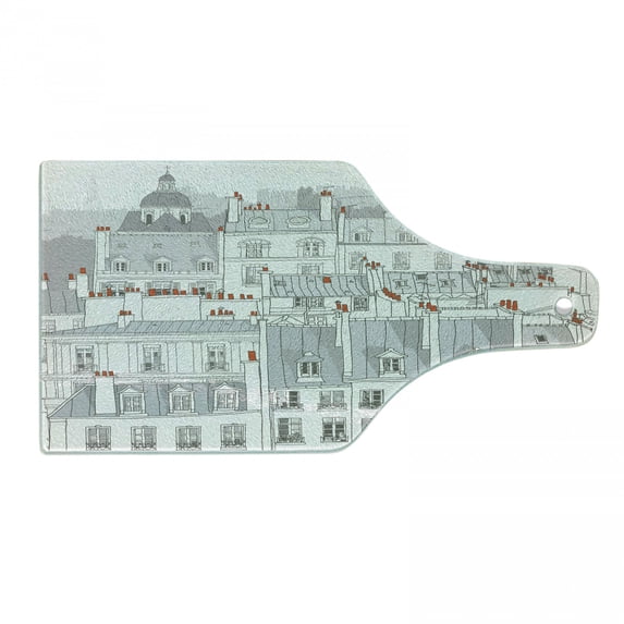 Paris Cutting Board, Aerial View Illustration of Roofs Attics of Paris City European Buildings, Tempered Glass Cutting and Serving Board, Wine Bottle Shape, Pale Grey Orange White, by Ambesonne