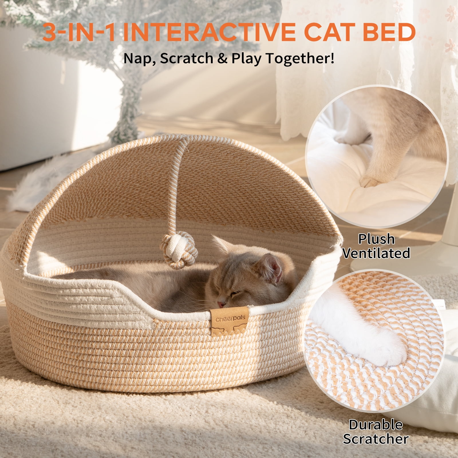 Cheerpals 3-in-1 Cat Bed, Hand-Woven Cat Cave with Washable Cushion & Toy Ball, Durable Cat Scratcher for Year-Round Use