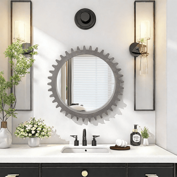 Wall Mounted Circle Mirrors Vanity Mirror, Vintage 34'' x 34'' Wood Round Hanging Gear Shape Heavy Decorative Mirror For Bathroom Living Room Entryway