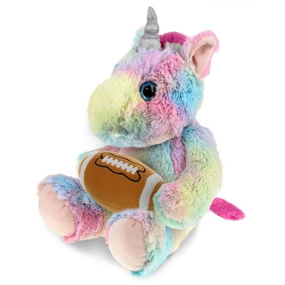 DolliBu Sitting Rainbow Unicorn Stuffed Animal with Football Plush - Soft Huggable Unicorn, Adorable Plush Toy, Cute Fantasy Gift Plush Doll Animal Toy for Kids and Adults - 10 Inches
