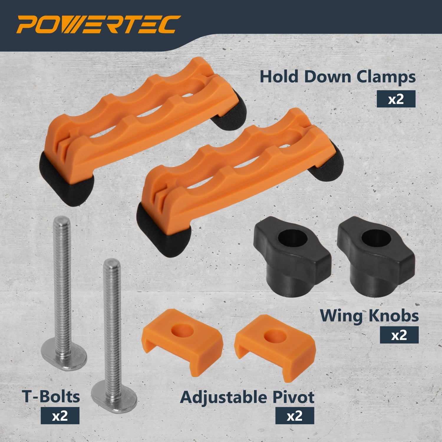 POWERTEC 2PK Adjustable Mini Hold Down Clamps, Multi-Positionable T Track Clamp, Reinforced Plastic Clamps with 1/4”- 20 Steel T Track Bolts for Drill Press, Router Table, CNC Machine & More (71786N)