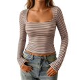 thumbnail image 3 of Arlun Striped Long Sleeve T Shirts for Women Square Neck Stretchy Tight Cropped Tops Casual Going out Basic Tee Lightweight Soft Comfort Versatile for Daily Wear 1-Brown S, 3 of 5
