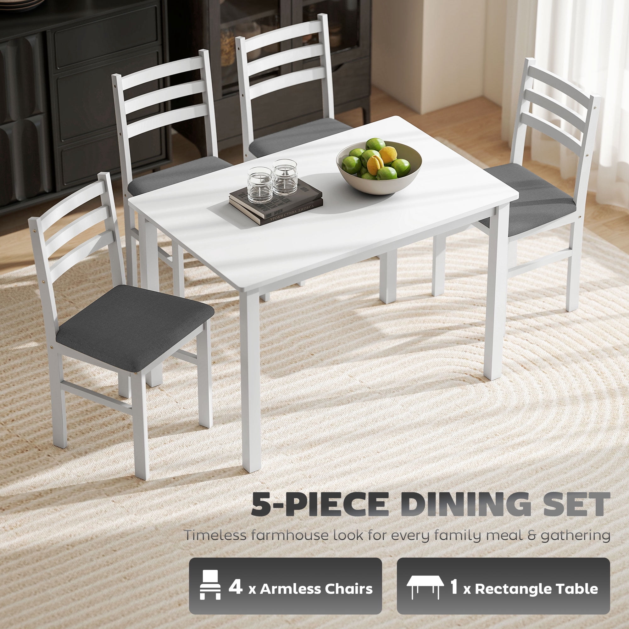 Farmhouse Dining Table and 4 Chairs Set, White/Gray