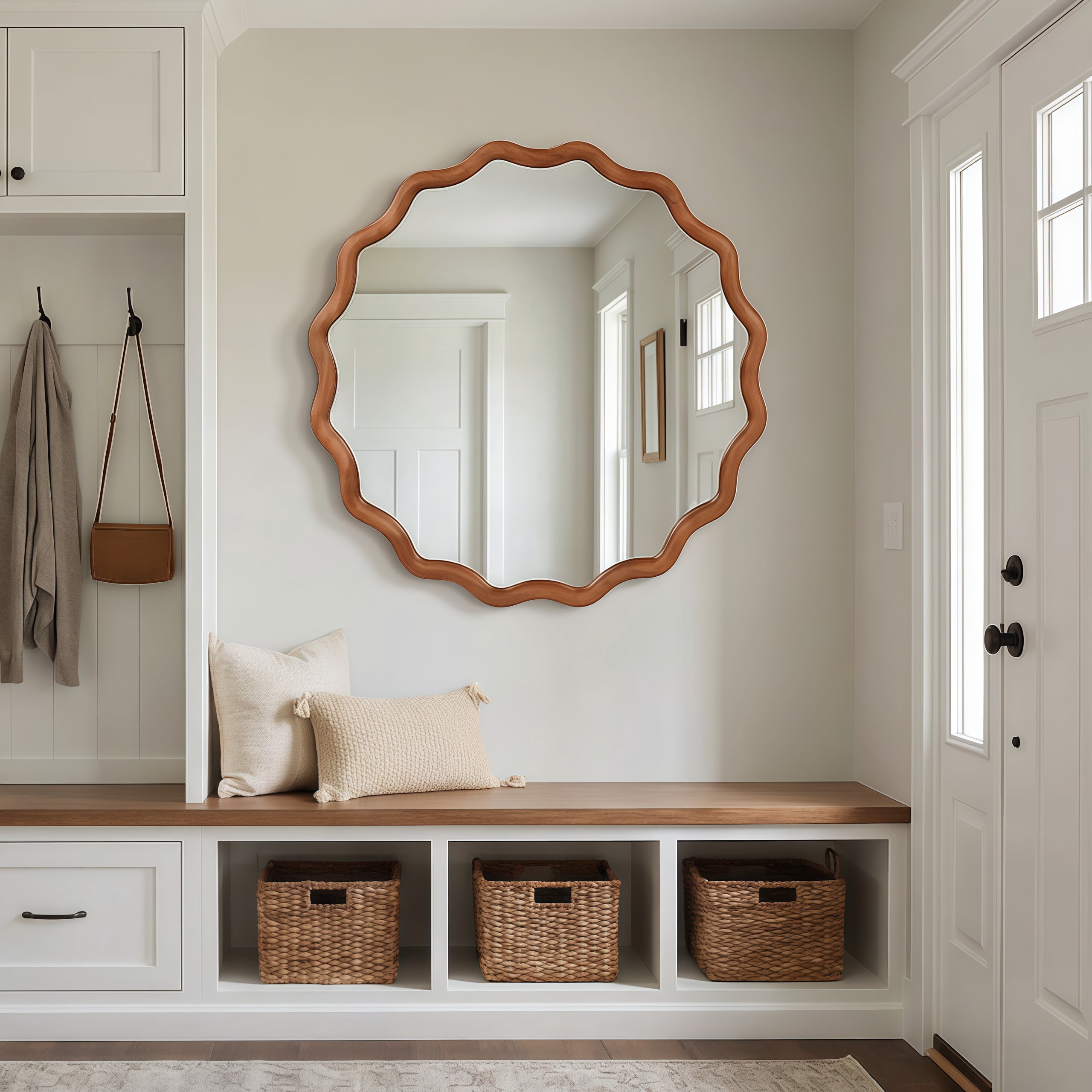 24-Inch Wavy Round Solid Wood Frame Mirror, Decorative Wall Mirror and Vanity Mirror for Bedroom Bathroom Living Room Entryway, Yellowish Brown