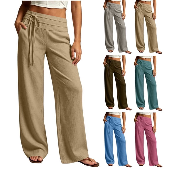 Zedker Wide Leg Pants for Womens 100% Cotton Linen Low Rise Pants Baggy Lightweight Flowy Palazzo Trousers 2026 Summer Beach Vacation Clothes with Pockets Army Green L
