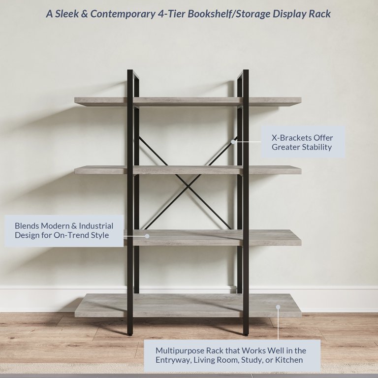 HSH 6 Tier Tall Bookshelf, Wood and Metal Vertical Display Book