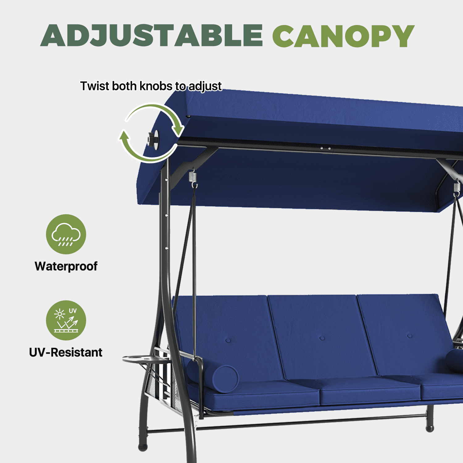 BaPiPro 3-Seat Metal Patio Swing with Adjustable Canopy, Cushions, Foldable Side Table, 2-in-1 Design for Patio, Garden, Porch, Blue