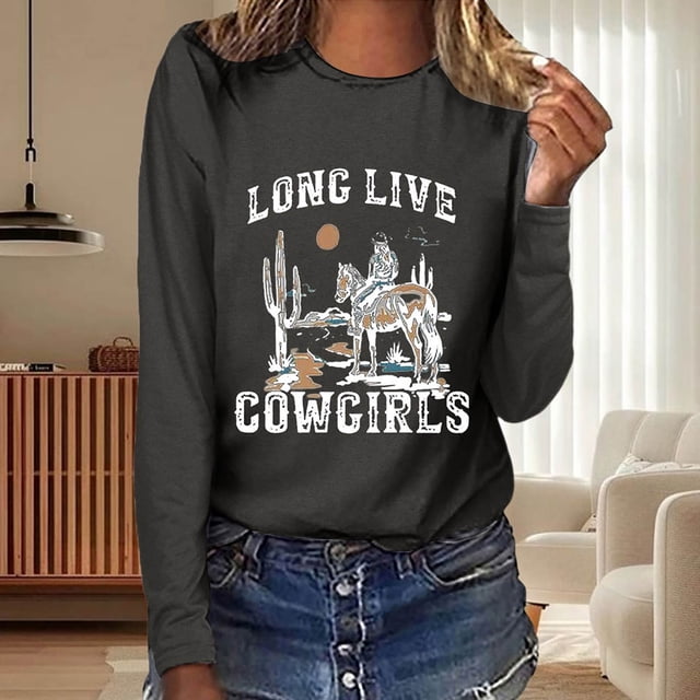 MHFRRA Camisetas de Manga Larga Estilo Western para Mujer, Camisetas Vintage de Música Country para Otoño, Sudaderas para Senderismo y Viajes, Camisetas Gris
