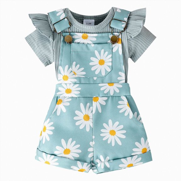 UngA Newborn Baby Girl Clothes Summer Outfit Short Sleeve Ribbed Romper Suspender Overalls Shorts Set Infant Clothing 3-6 Months,Green