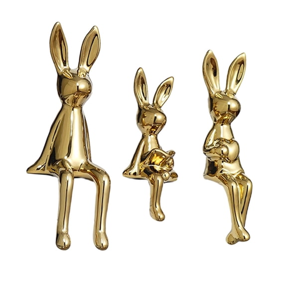3x Estatuilla Familiar de Conejitos, Estatuas de Conejo, Mesa de Exhibición de Escritorio, Centro de Mesa, Adorno, Escultura de Animal para Decoración Oro