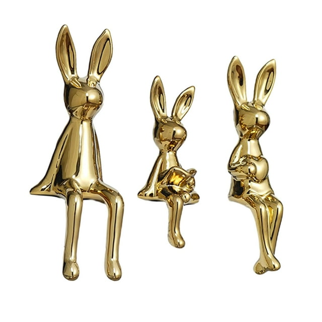 3 piezas de estatuas de conejo, figura de familia de conejos, figuras de animales, escultura de mesa Oro