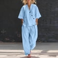 thumbnail image 2 of Linen Sets for Women 2 Piece Cotton 3/4 Sleeve Wrap Top And Wide Leg Pants Loose Fit Summer Outfit for Travel Beach, 2 of 5