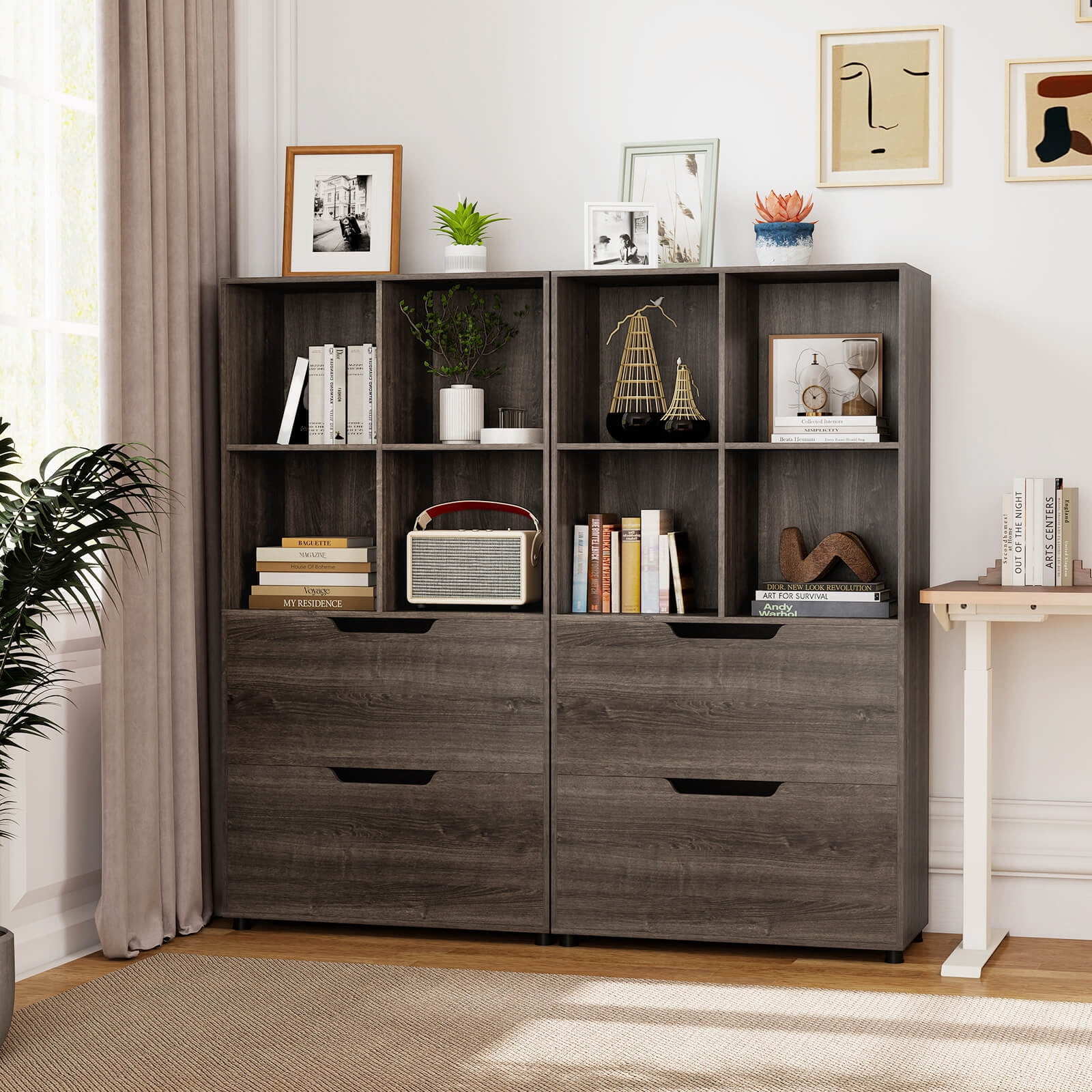 Costway 2 PCS 4-Cube Bookcase with 2 Drawers, Tall Freestanding Bookshelf for Living Room Gray
