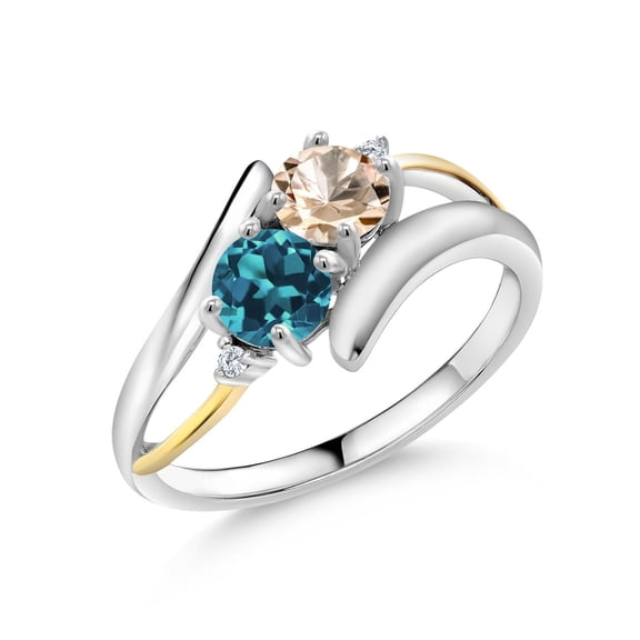 Gem Stone King 1.12 Ct Peach Morganite London Blue Topaz 925 Silver and 10K Yellow Gold Lab Grown Diamond Two Stone Crossover Ring (Size 9)