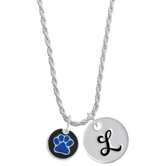 Delight Jewelry Silvertone Navy Blue Paw on Black Disc Silvertone Script Initial Disc - L - Charm Necklace, 20"+3"