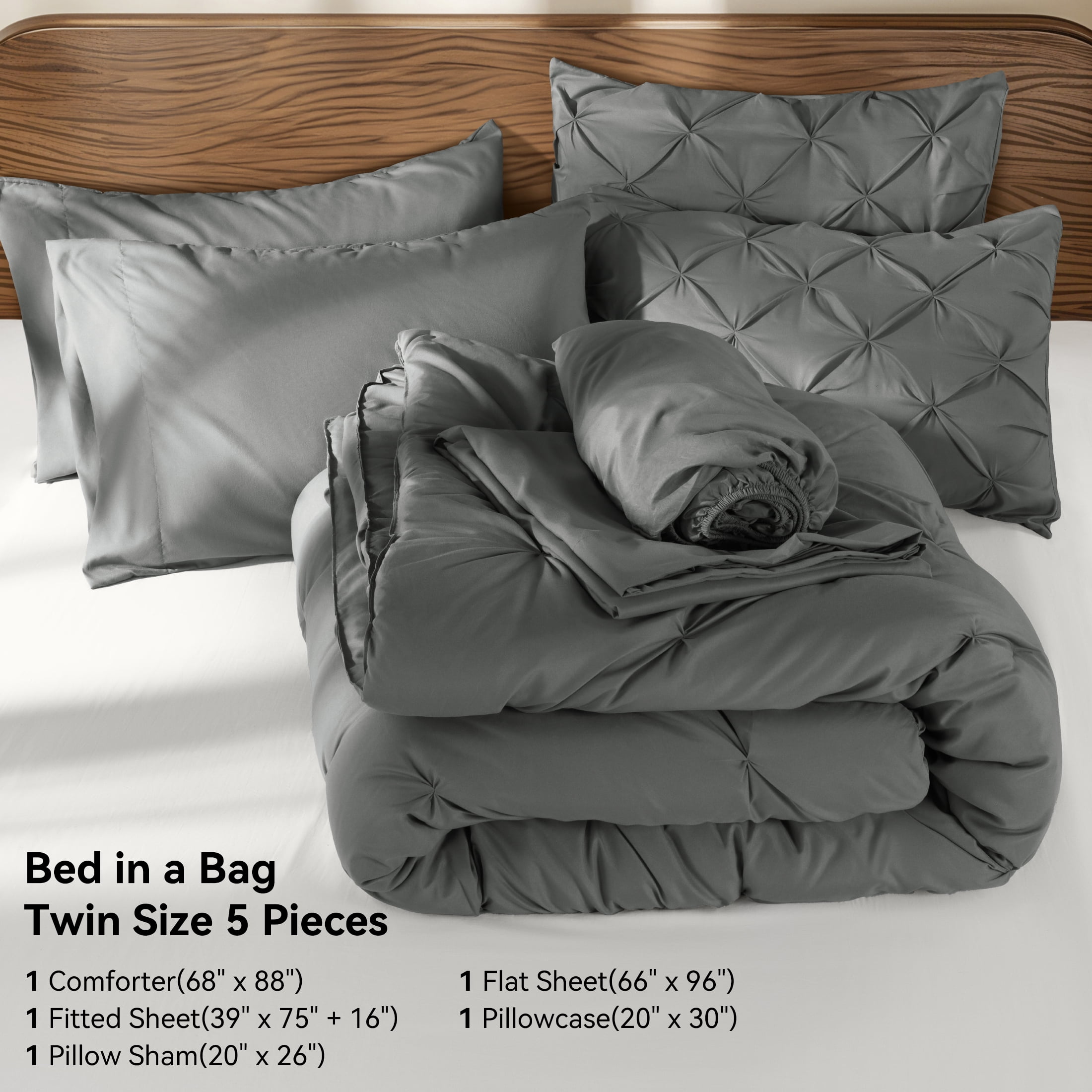 SONORO KATE Twin Comforter Set, 5 Pieces Bedding Sets for All Season, Bed in a Bag with Pleated Comforter - Flat Sheet & Fitted Sheet - Pillowcases & Shams, Dark Gray