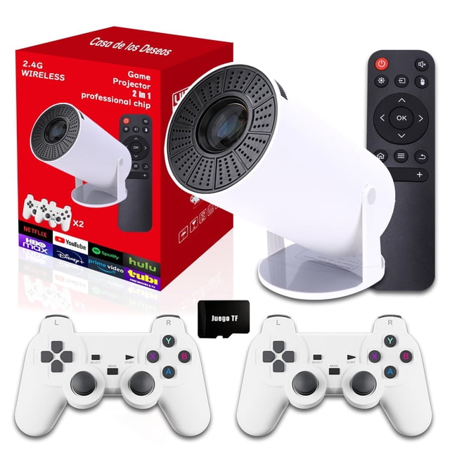 mini proyector portátil con android 12, proyector blanco cilíndrico en vista 3/4 con lente perforada y soporte abatible transparente; incluye mando a distancia negro, dos mandos inalámbricos blancos y caja roja, compatible con más de 2000 juegos, streaming por apps integradas, WiFi 6 y Bluetooth 5.0 para home theater y cine exterior.