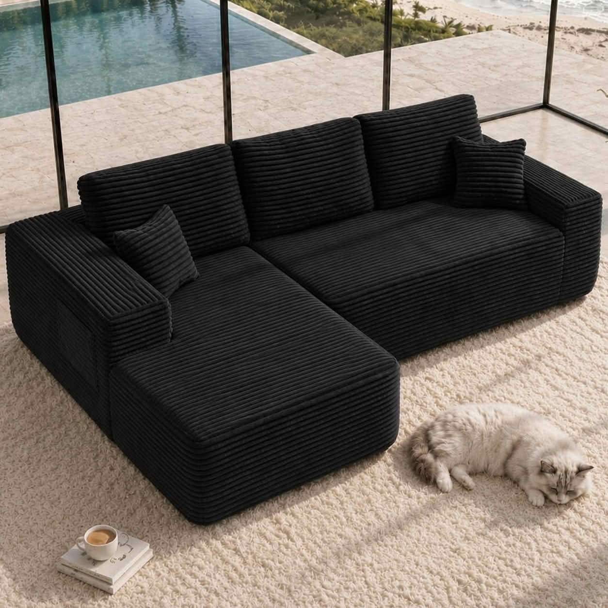 MAYEERTY 104 Inch Black Cloud Sectional Sofa, L-Shaped Left-Facing Modular Plush Corduroy Couch with Side Pockets, 3-Seater Deep Seating Sofa No Assembly Required for Living Room Bedroom