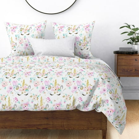 Watercolor Unicorn Floral Animal Baby Girl Sateen Duvet Cover By
