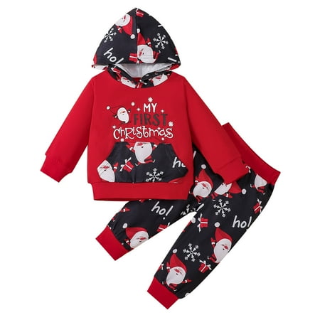 

Toddler Boys Girls Christmas Long Sleeve Santa Cartoon Deer Prints Hoodie T Shirt Tops Pants Outfits For 18-24 Months