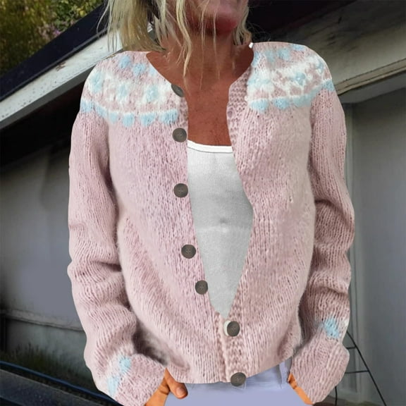 SYMOID Womens Acrylic Cardigan - Pink Open-Front with Blue-White Pattern, Loose Fit, Size Inclusive (S-XXXXXL) for Casual/Autumn Wear,Size L
