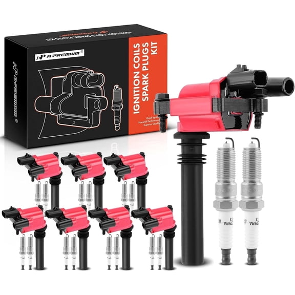 A-Premium (Red) Ignition Coils and Spark Plugs Kits Compatible with Jeep Grand Cherokee 2005 & Dodge Ram 1500/Ram 2500/Ram 3500 2003-2005, Durango 2004-2005, Magnum 2005 & Chrysler 300, 5.7L 8-PC Set