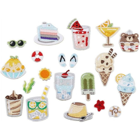 20 Pcs Summer Iron on Patches Cartoon Ice Cream Drinks Sunglasses Self Adhesive Embroidery Cloth Stick on Patch Sew on Appliques for Jeans Hats Jackets Backpacks Clothing