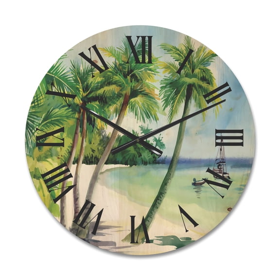 Designart 'Palm Trees With Summer Beach' Nautical & Coastal Wood Wall Clock