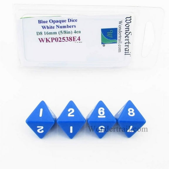 Blue Opaque Dice with White Numbers D8 16mm (5/8in) Pack of 4 Wondertrail