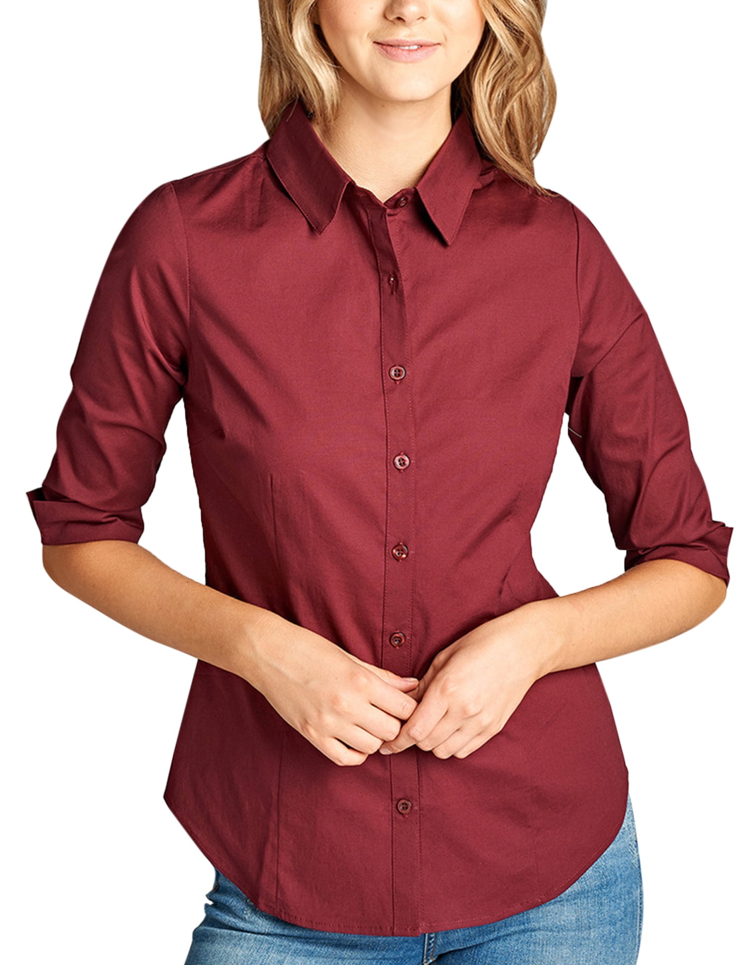 KOGMO Womens Classic Solid 3/4 Sleeve Button Down Blouse Dress Shirt ...