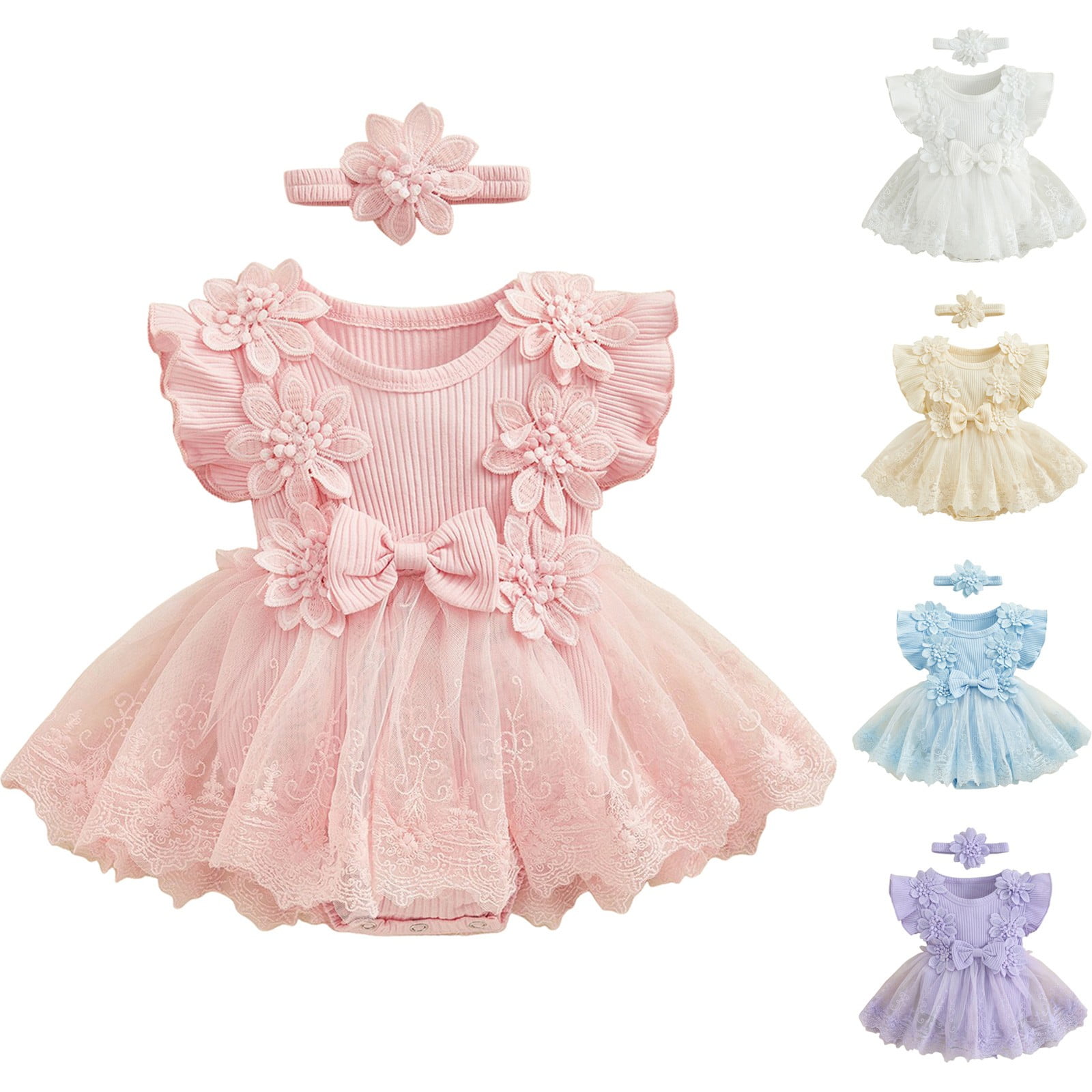 felwors Baby Girl Romper Dress Baby Dress Romper Flowers Lace Girl Spring Summer Clothes with Headband (0-3 Months, White)