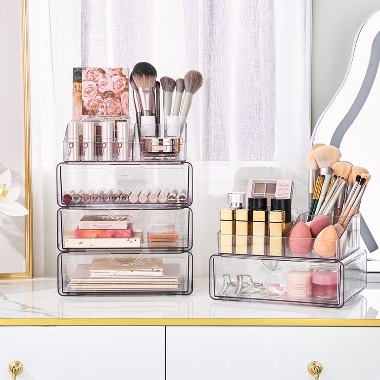 Sindcom 3 Tier Clear Makeup Organizer with Drawers and Divided Top Bin