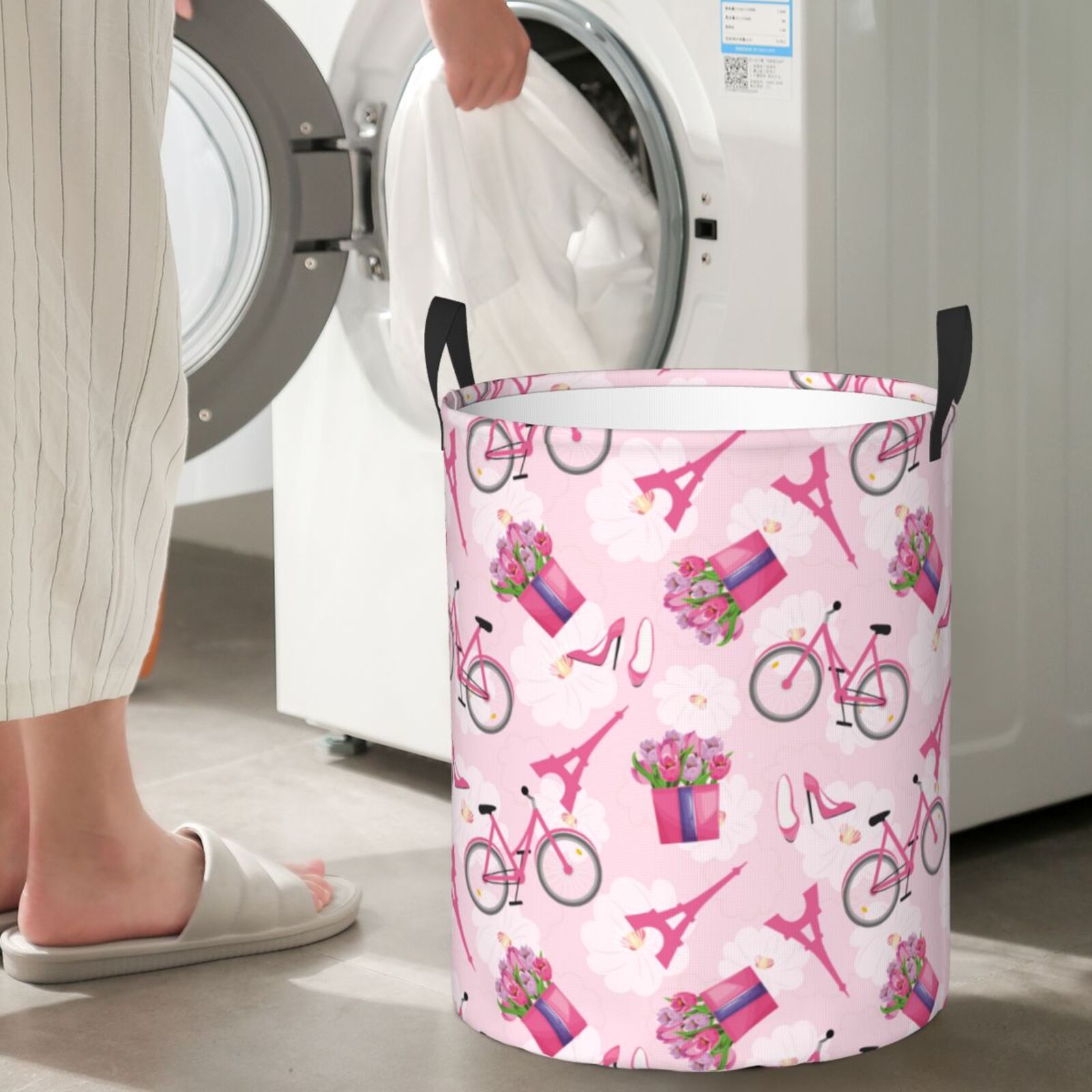 Large Laundry Basket with Handles - Tower flower pink Kids Baby Dirty Clothes Laundry Hamper for Bedroom Aesthetic