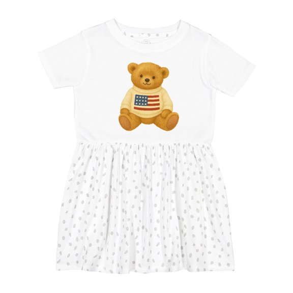 Inktastic Patriotic Bear with American Flag Sweater Girls Toddler Dress