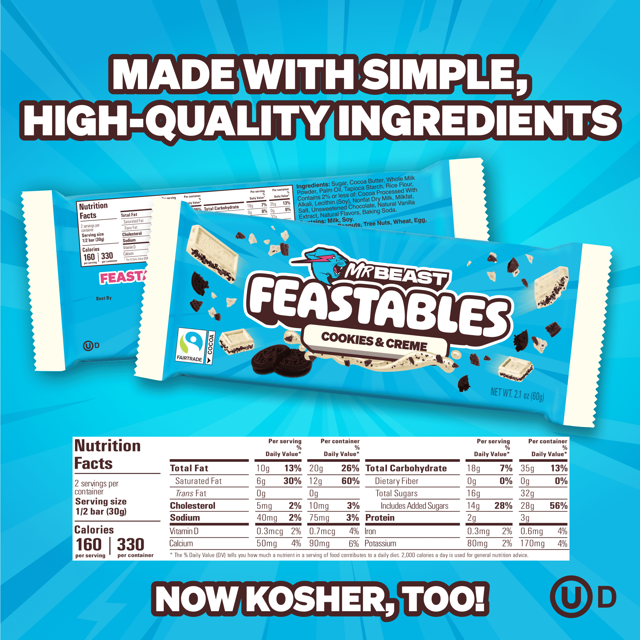 (2 pack) Feastables Mr Beast Cookies and Creme White Chocolate Bar, 2.1 oz (60g), 1 Bar