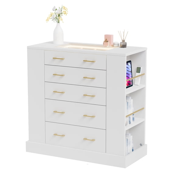 5-Drawer Dresser with LED Lights, Wide Chest with Tempered Glass Top, Closet Island Organizer & Double-Sided Storage Shelves