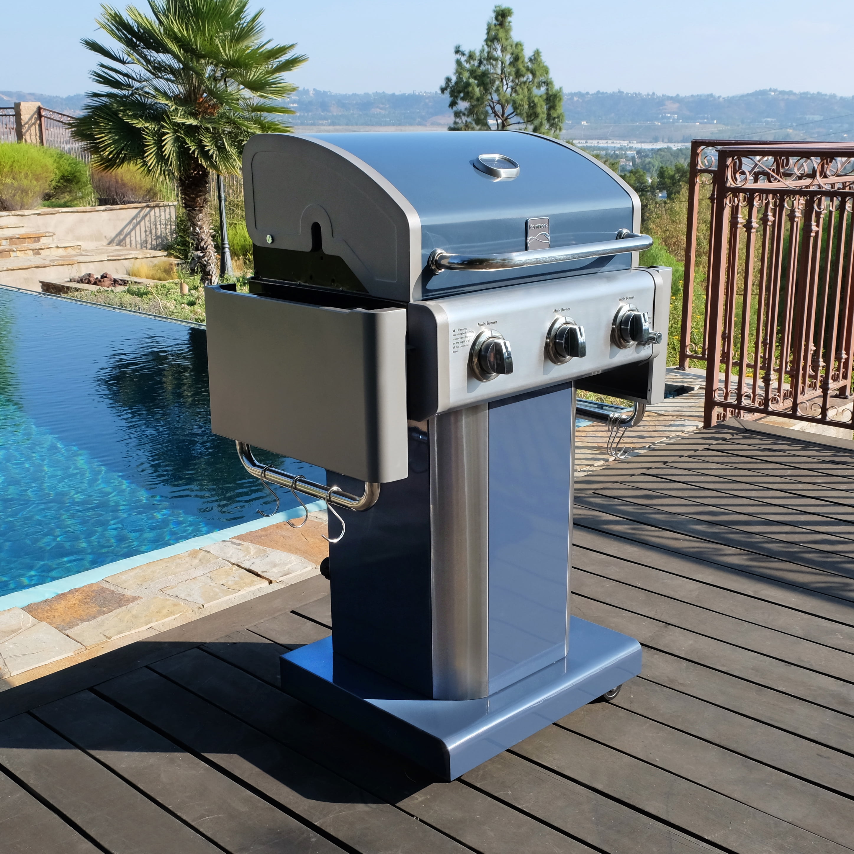 Kenmore 3-Burner Gas Grill, Outdoor BBQ Grill, Propane Grill with Foldable Side Tables, Azure Blue