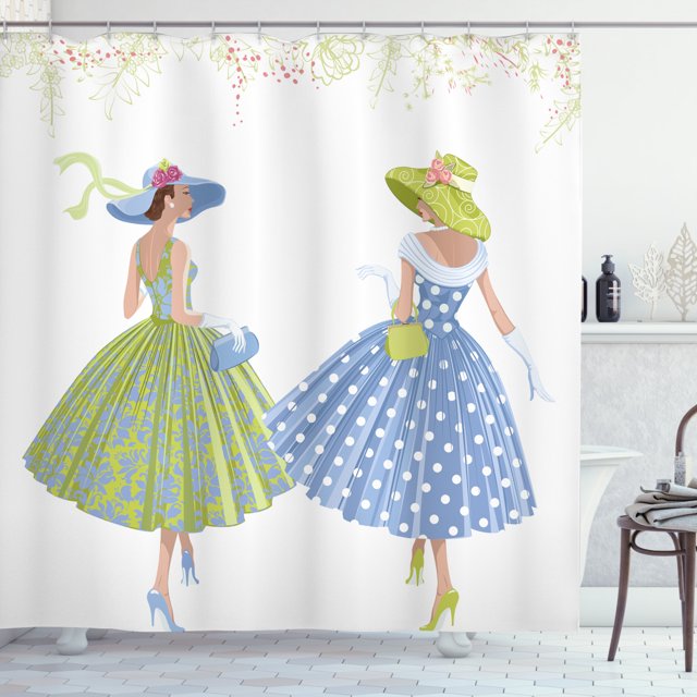 Vintage Woman Shower Curtain, Two Women Walking Dressed in Style of ...