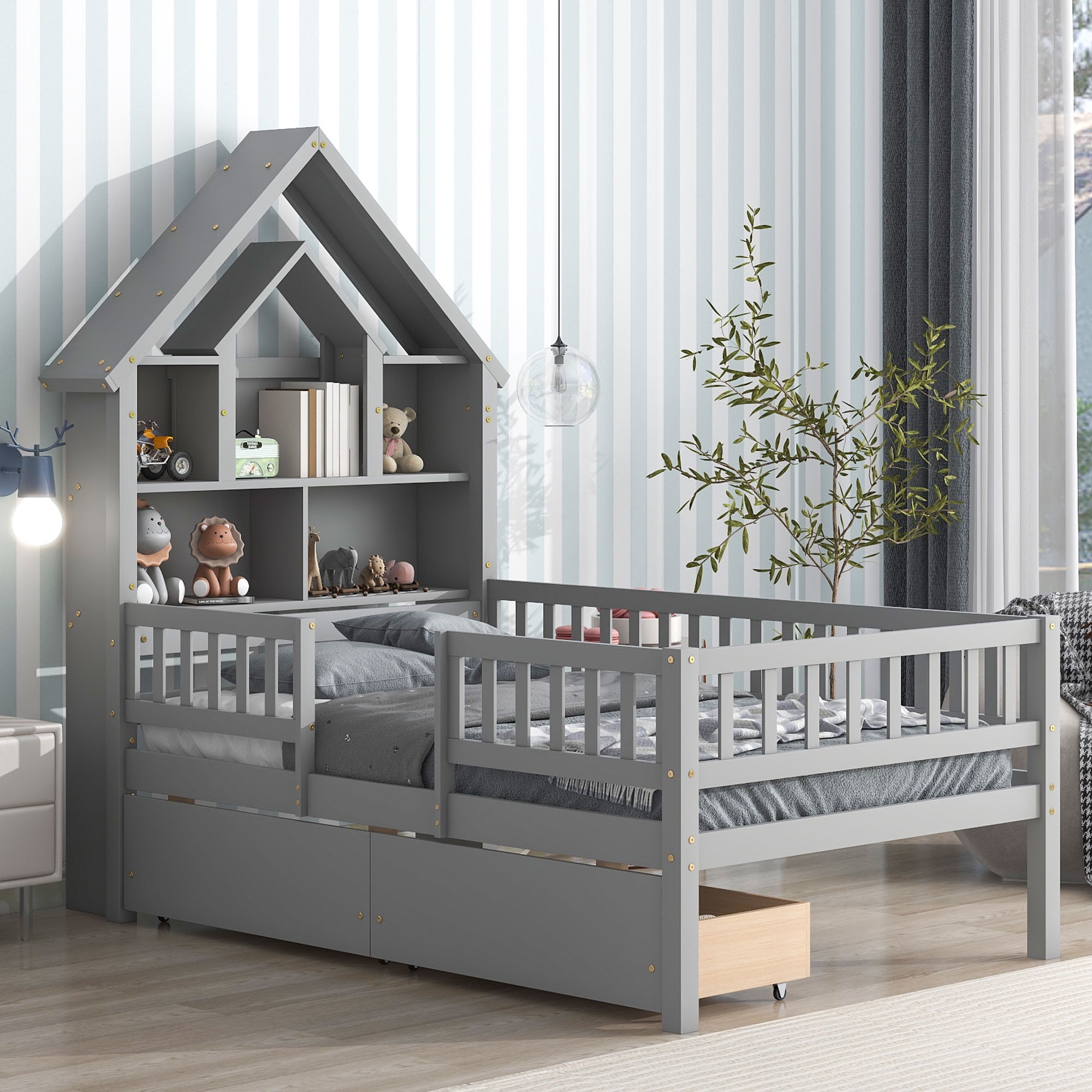 Bellemave Twin Toddler Bed with House Shaped Bookcase Headboard and
