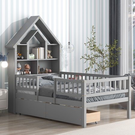 Bellemave Twin Toddler Bed with House Shaped Bookcase Headboard and Storage Drawers, Wood Twin Platform Bed Frame with Rails for Toddlers, Kids (Gray)