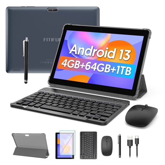 10 inch Android 13 Tablet, 4GB RAM 64GB ROM 1TB Expand, 2 in 1 Tablets with Keyboard,Quad-Core,2 8MP Dual Camera, 6000mAh,Bluetooth5.0,Wifi 6,1280x800 IPS 10.1 inch Tablet Pc with Case, Mouse,Stylus